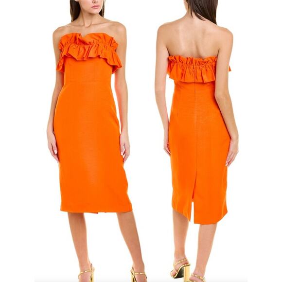Monique Lhuillier size 10 Strapless Sheath Dress Ottoman Orange Ruffle - Picture 1 of 6